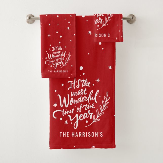 Most Wonderful Time Festive Christmas Personalized Bath Towel Set (Insitu)