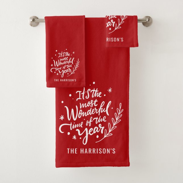 Most Wonderful Time Festive Christmas Personalized Bath Towel Set (Insitu)