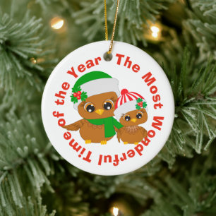 Most Wonderful Time Holiday Owls Ceramic Ornament