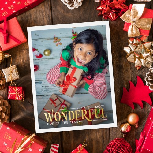 Most wonderful time kid photo fun Christmas Foil Holiday Postcard