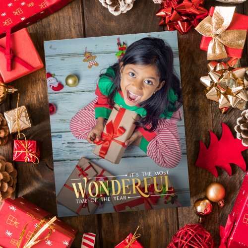 Most wonderful time kid photo fun Christmas Foil Holiday Postcard