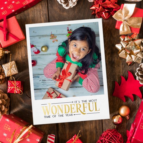 Most wonderful time kid photo fun Christmas Foil Holiday Postcard