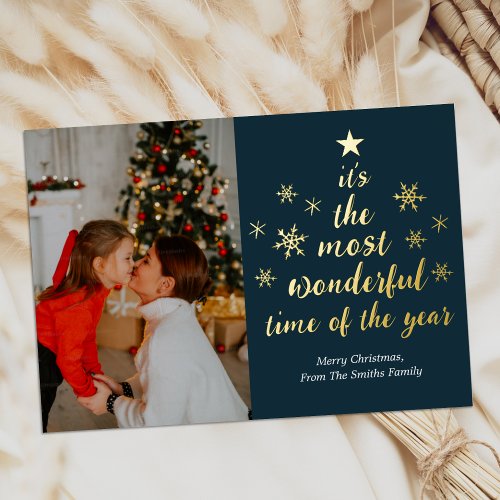 Most Wonderful Time of The Year Blue Gold Photo Foil Holiday Card