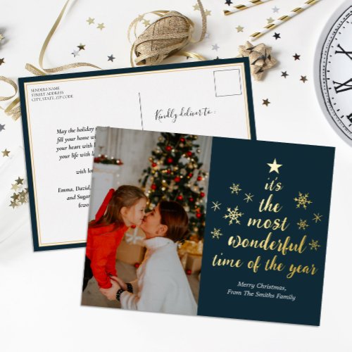 Most Wonderful Time of The Year Blue Gold Photo Foil Holiday Postcard