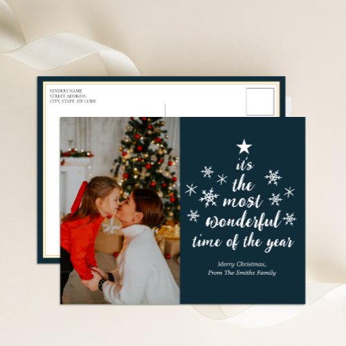Most Wonderful Time of The Year Blue Script Photo Holiday Postcard