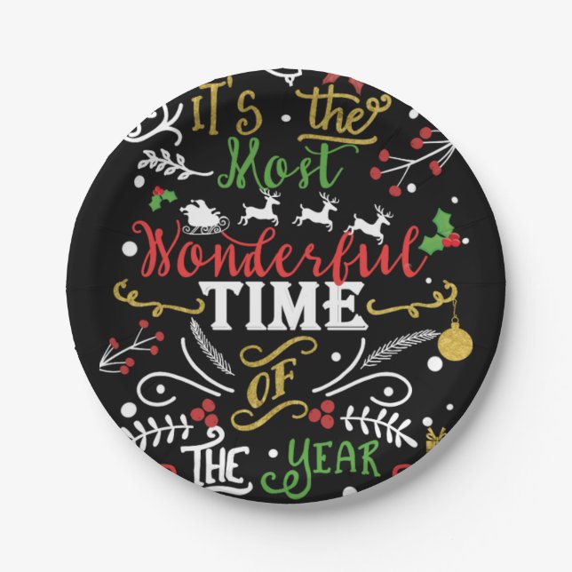 Most Wonderful Time of the Year Christmas Holiday Paper Plates (Front)