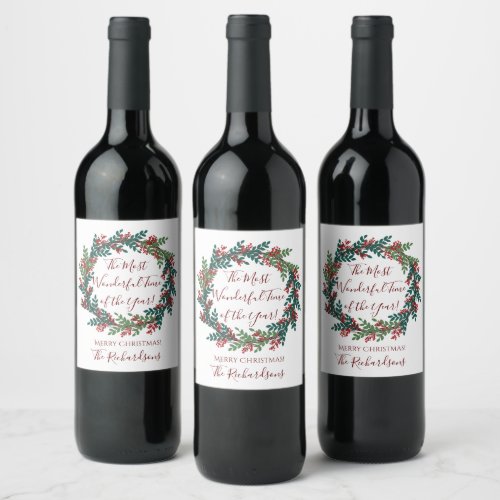Most Wonderful Time of The Year Christmas Wreath Wine Label