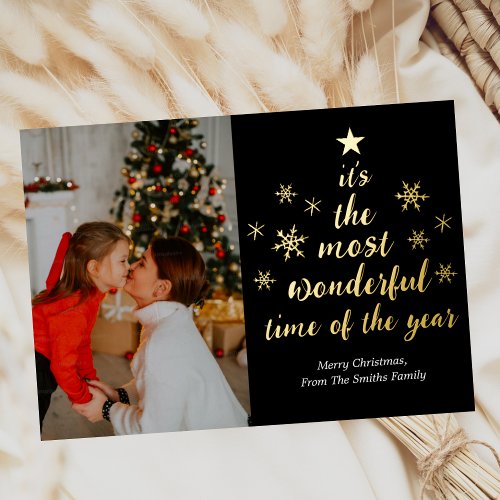 Most Wonderful Time of The Year Gold Black Photo Foil Holiday Card