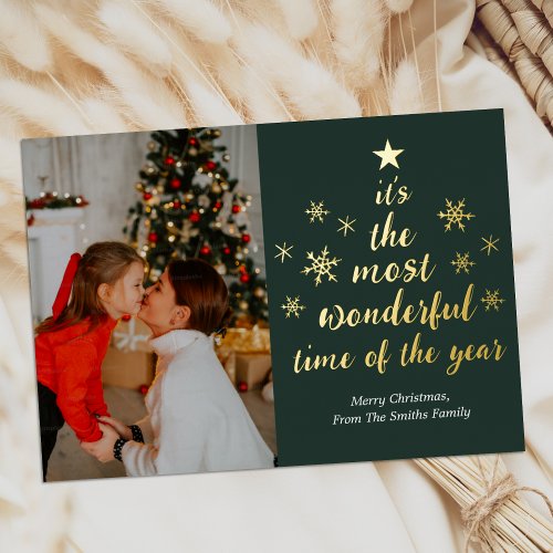 Most Wonderful Time of The Year Green Gold Photo Foil Holiday Card