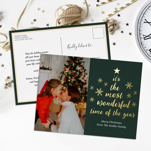 Most Wonderful Time of The Year Green Gold Photo Foil Holiday Postcard