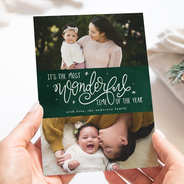 Most Wonderful Time of the Year Green Photo Holiday Card (Creator Uploaded)