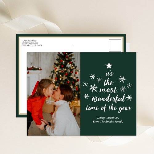 Most Wonderful Time of The Year Green Script Photo Holiday Postcard