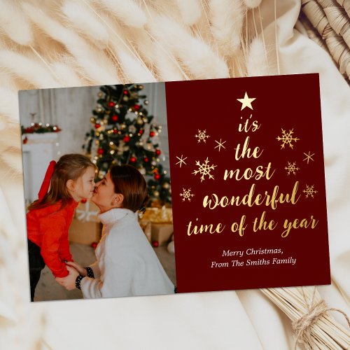 Most Wonderful Time of The Year Red Gold Photo Foil Holiday Card