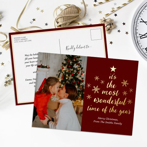 Most Wonderful Time of The Year Red Gold Photo Foil Holiday Postcard