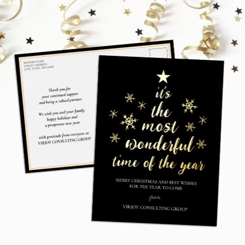 Most Wonderful Time of Year Black Gold Business Foil Holiday Postcard