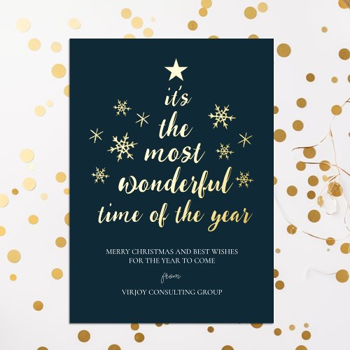 Most Wonderful Time of Year Blue Gold Business Foil Holiday Card