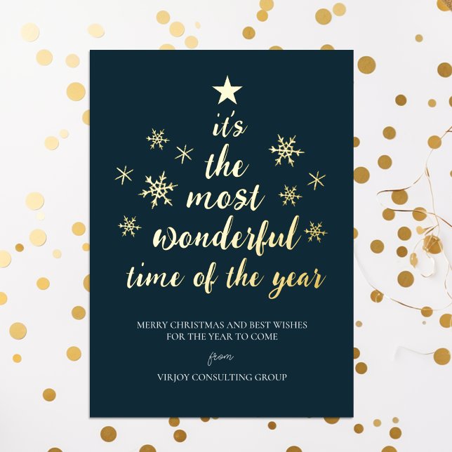 Most Wonderful Time of Year Blue Gold Business Foil Holiday Card (Creator Uploaded)