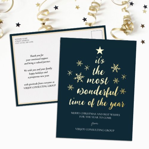 Most Wonderful Time of Year Blue Gold Business Foil Holiday Postcard