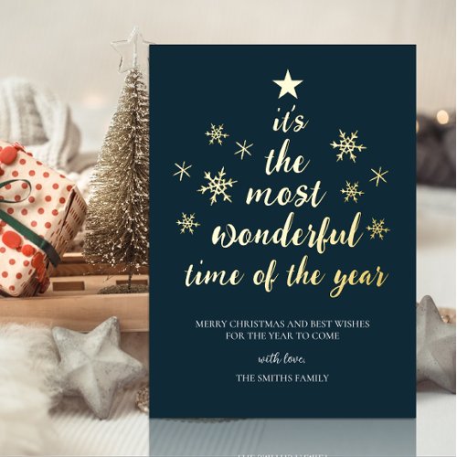 Most Wonderful Time of Year Blue Gold Non Photo Foil Holiday Card