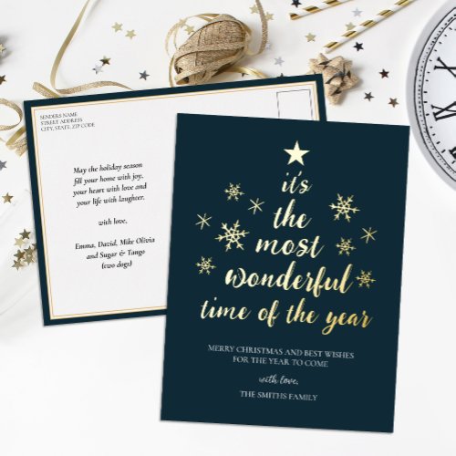 Most Wonderful Time of Year Blue Gold Non Photo Foil Holiday Postcard