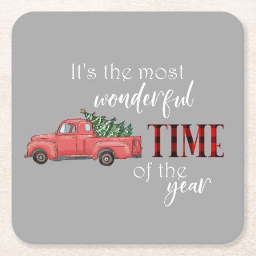 Most Wonderful Time of year Christmas Truck Square Paper Coaster