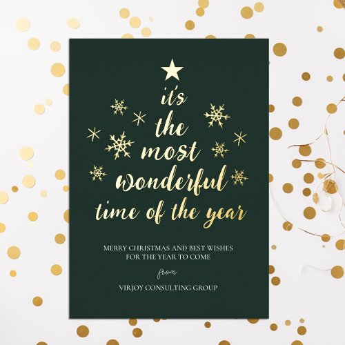 Most Wonderful Time of Year Green Gold Business Foil Holiday Card