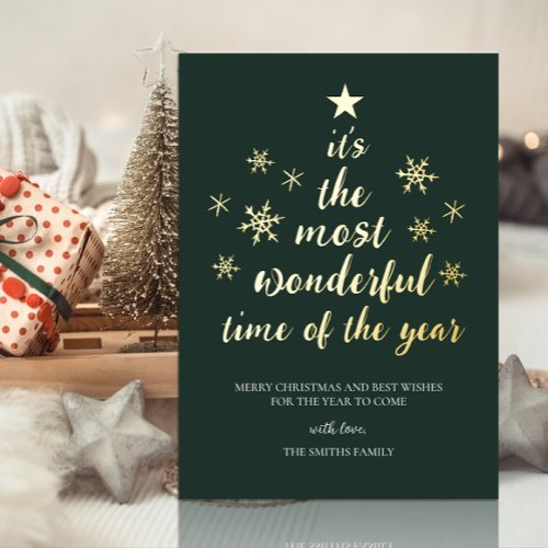 Most Wonderful Time of Year Green Gold Non Photo Foil Holiday Card