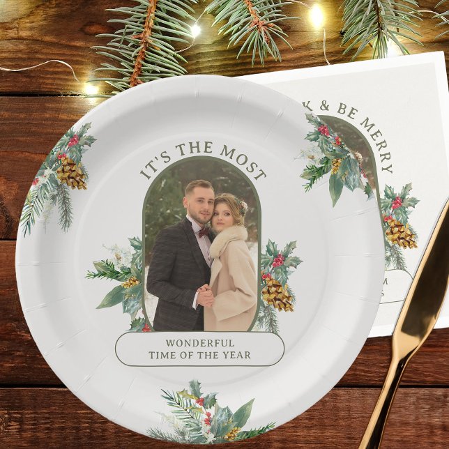 Most Wonderful Time of Year Photo Christmas Paper Plates (Most Wonderful Time of the Year Christmas Photo plates - Rounded Lozenge Photo Collage collection)