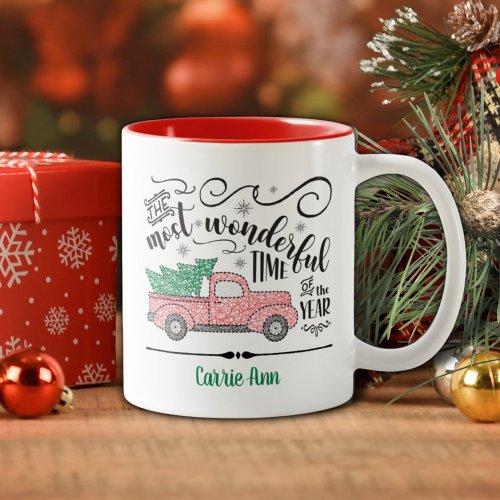 Most Wonderful Time of Year Red Truck Christmas Two_Tone Coffee Mug