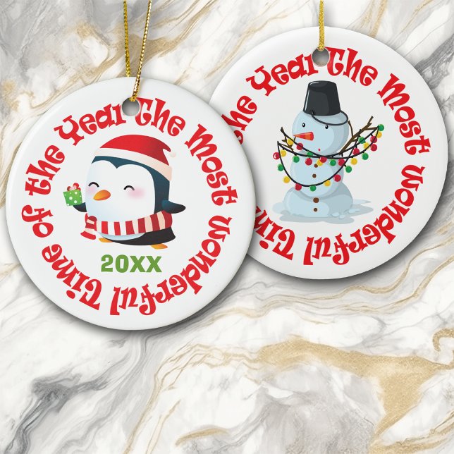 Most Wonderful Time Penguin Snowman Ceramic Ornament (Creator Uploaded)