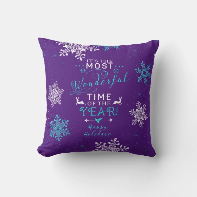 Most Wonderful Time Purple Turquoise Christmas Throw Pillow (Front)