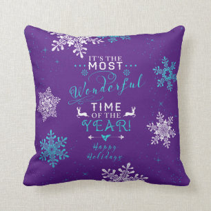 Most Wonderful Time Purple Turquoise Christmas Throw Pillow