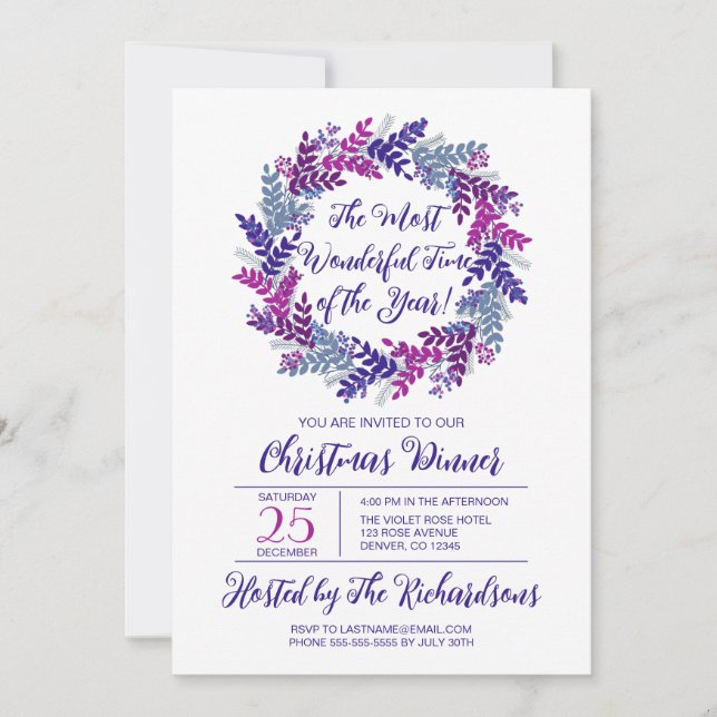 Most Wonderful Time Purple Wreath Christmas Party Invitation (Front)