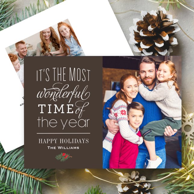 Most Wonderful Time Quote Brown Photo Holiday Card (Creator Uploaded)