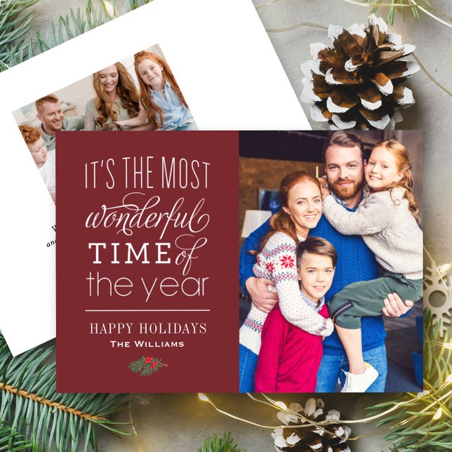 Most Wonderful Time Quote Burgundy Photo Holiday Card (Creator Uploaded)