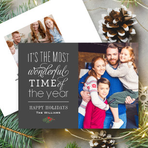 Most Wonderful Time Quote Charcoal Gray Photo Holiday Card
