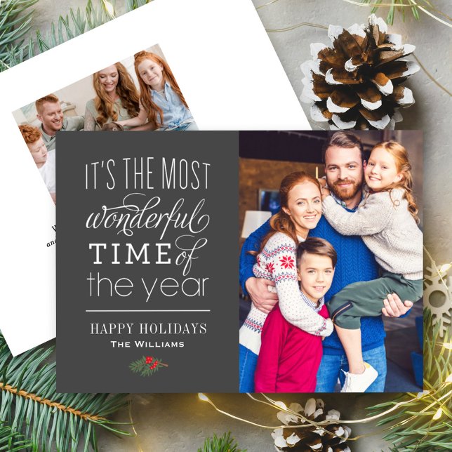 Most Wonderful Time Quote Charcoal Gray Photo Holiday Card (Creator Uploaded)