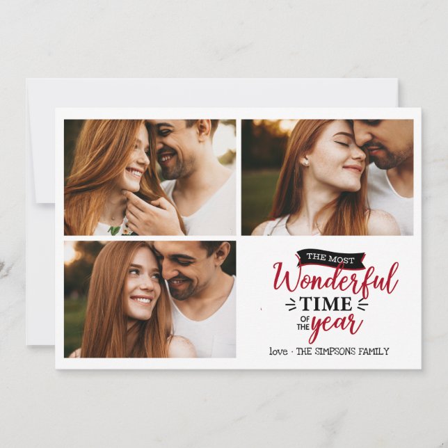 Most wonderful time  Red Holiday photo collage Card (Front)