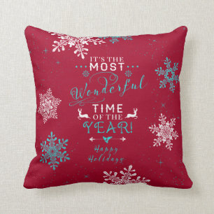 Most Wonderful Time Red Turquoise Christmas Throw Pillow