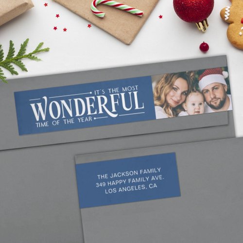 Most wonderful time with photo return address blue wrap around label