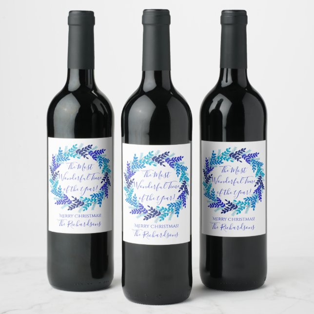 Most Wonderful Time Year Blue Christmas Wreath Wine Label (Bottles)