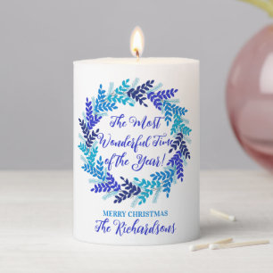Most Wonderful Time Year Christmas Blue Wreath Pillar Candle