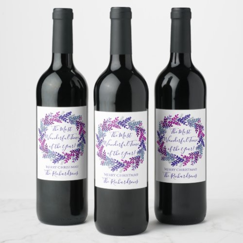 Most Wonderful Time Year Purple Christmas Wreath Wine Label