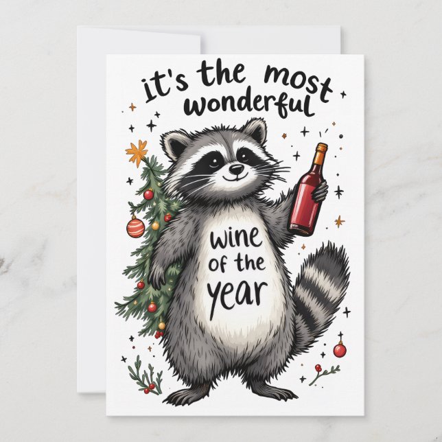 Most Wonderful Wine of the Year Raccoon  Holiday Card (Front)