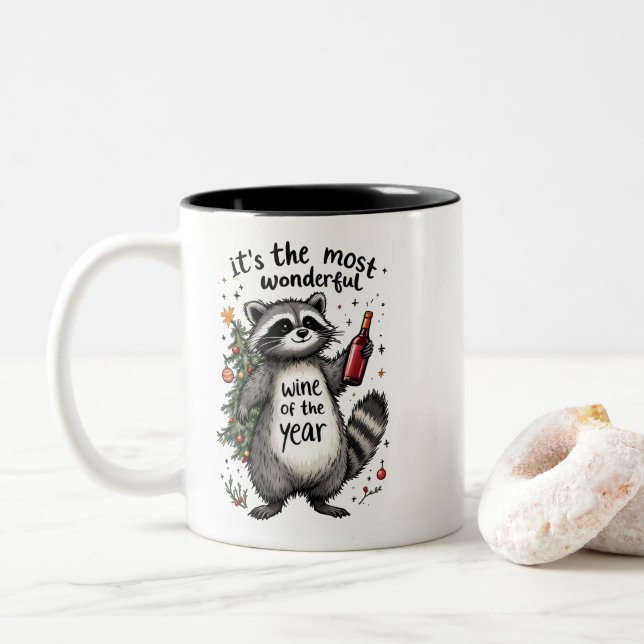Most Wonderful Wine of the Year Raccoon  Two-Tone Coffee Mug (With Donut)