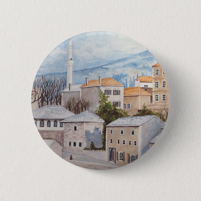 Mostar, Bosnia - Acrylic Townscape Painting Button (Front)