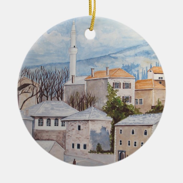 Mostar, Bosnia - Acrylic Townscape Painting Ceramic Ornament (Front)