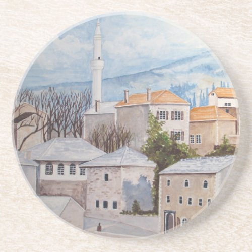 Mostar Bosnia _ Acrylic Townscape Painting Drink Coaster
