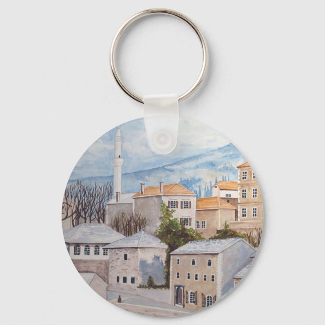 Mostar, Bosnia - Acrylic Townscape Painting Keychain (Front)