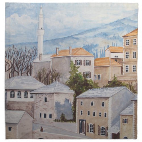 Mostar Bosnia _ Acrylic Townscape Painting Napkin